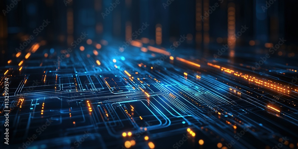 Poster abstract representation of dynamic data flow in a futuristic digital landscape with glowing circuit 