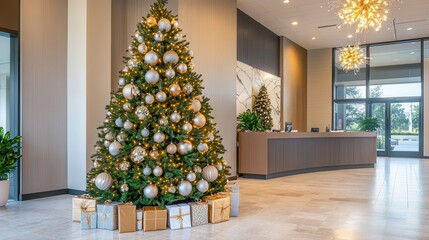 Elegant Christmas Tree in Modern Lobby Setting