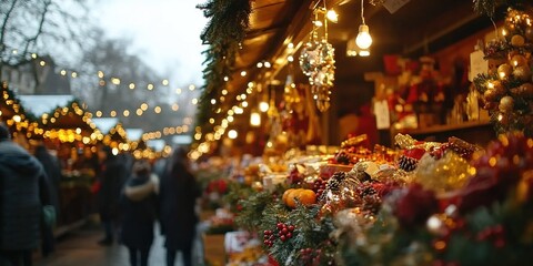 Fototapeta premium Festive winter market bustling with visitors enjoying holiday decorations and seasonal treats in a charming outdoor setting