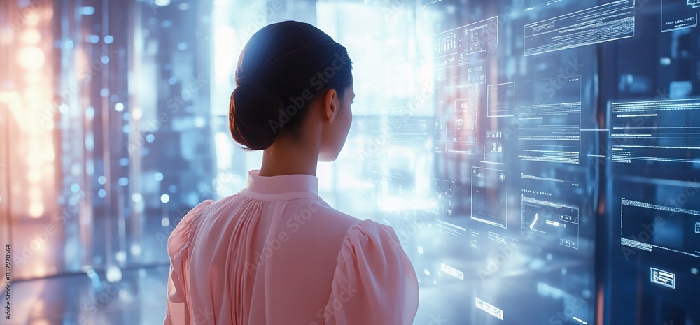 Poster a woman interacting with a digital interface in a futuristic environment.