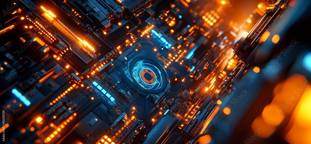 Poster Abstract digital circuitry with glowing elements and a central focus.