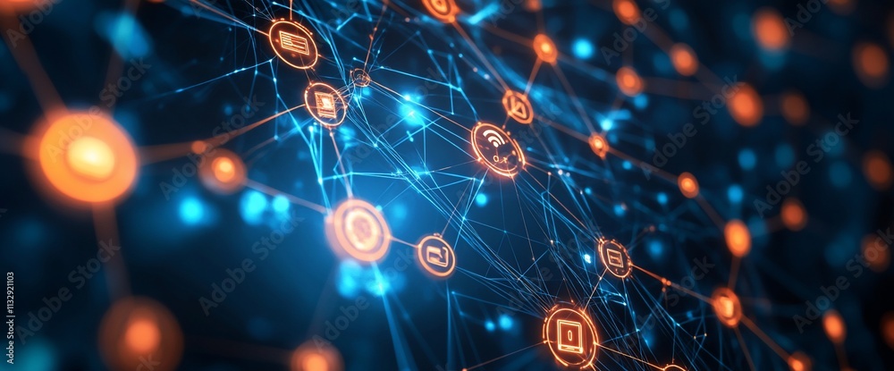 Poster abstract digital network illustration with interconnected icons and nodes.