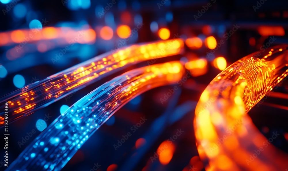 Poster Abstract visualization of glowing data cables in a digital environment.