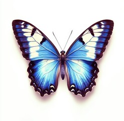 Fototapeta premium An elegant blue and white butterfly with symmetrical wing patterns and a dark brown outline, positioned on a crisp white background. The bottom left corner is slightly blurred for added focus.
