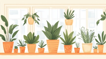 Fototapeta premium A Windowsill Garden Featuring Various Houseplants In Pots