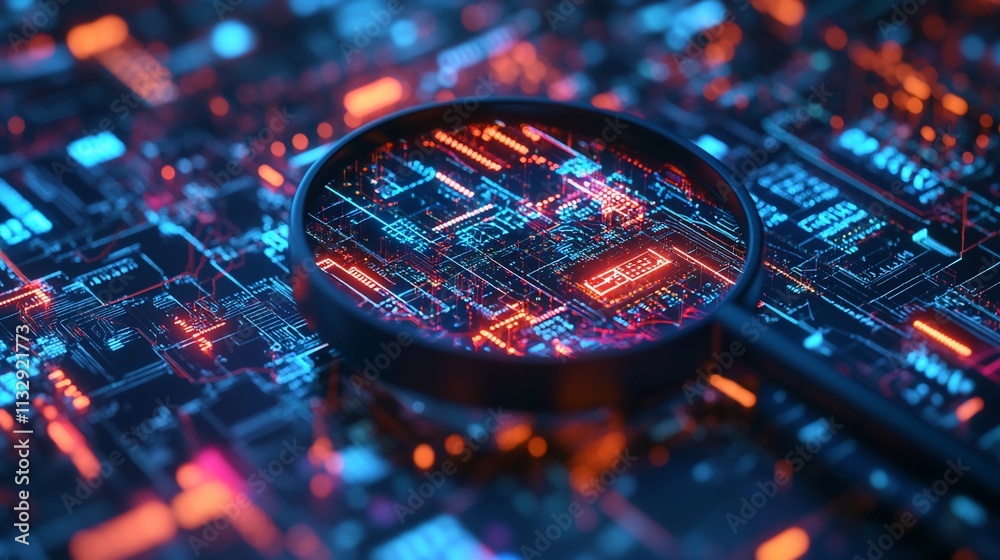 Poster close-up of a circuit board with a magnifying glass highlighting details.