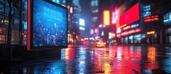 Fototapeta premium Futuristic city street at night with digital billboard.