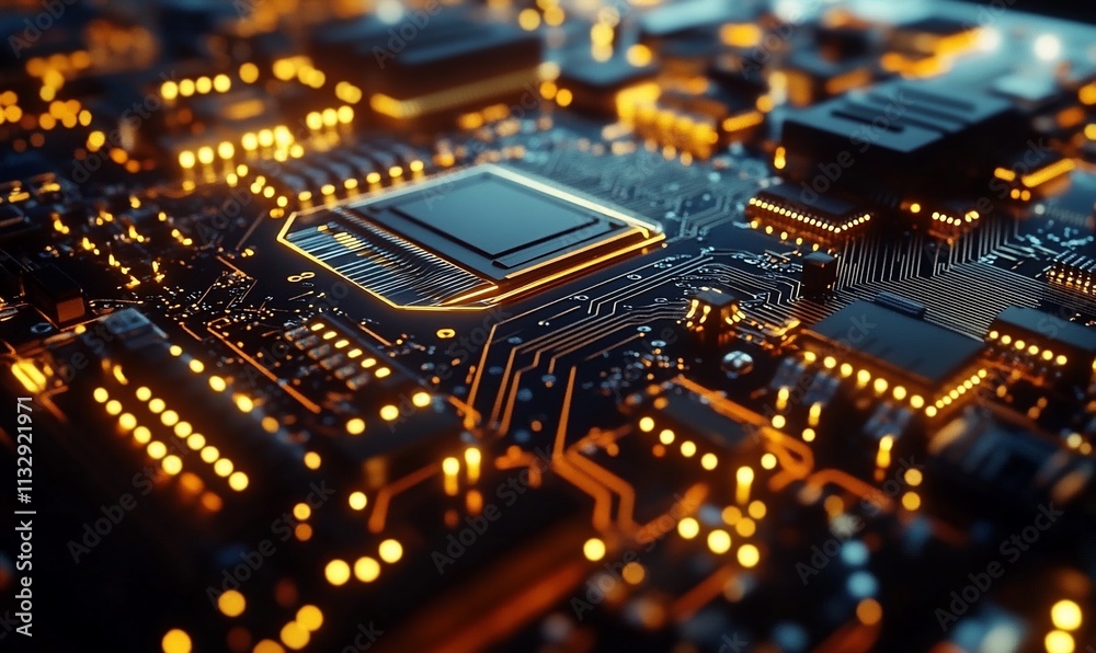 Aufkleber Close-up of a circuit board with glowing components and intricate patterns.