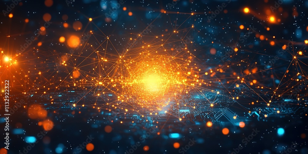 Poster dynamic digital visualization showcasing interconnected data networks and vibrant energy at high spe