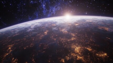 A realistic portrayal of Earth from space, illuminated by city lights and natural phenomena. The dark side of the planet contrasts with the bright patches of light, showcasing human habitation and the