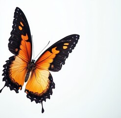 Obraz premium Macro view of an orange and black butterfly against a minimalist white background, highlighting the large wing patterns and elegant dark outlines. Subtle blur on the bottom left adds artistic focus.
