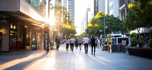 Obraz premium Busy urban street with people walking during sunset.