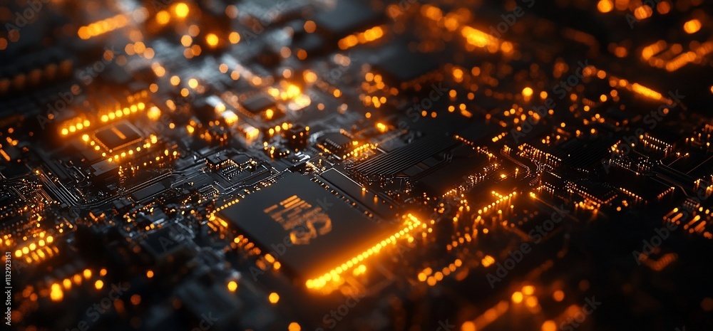 Poster Close-up view of a circuit board with glowing components and connections.