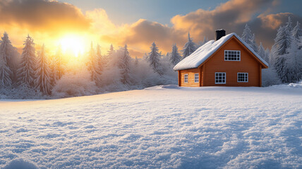 Cozy Red Cottage in a Snowy Winter Landscape