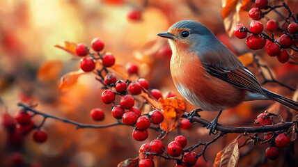 Vibrant Robin on Berry Branch in Autumn Hues