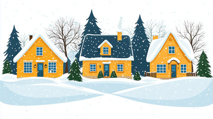 Cozy Winter Cottage Illustration with Snowy Landscape