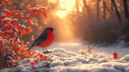 Red Robin in a Winter Sunrise with Snowy Branches