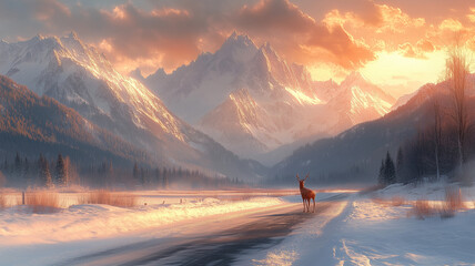Winter Mountain Landscape with a Deer at Sunset