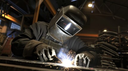 Welder in a protective suit and welding mask.