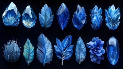 Blue Crystal and Feather Collection on Dark Background