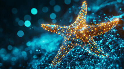 A cyber ecological model icon linked to a glowing starfish, representing online marine biology platforms researching ecosystem dynamics. 
