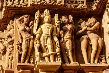 India. Madhya Pradesh state. The Khajuraho Group of Monuments are a group of Hindu and Jain temples. Lakshmana temple dedicated to Vaikuntha Vishnu. Statue of Vishnu