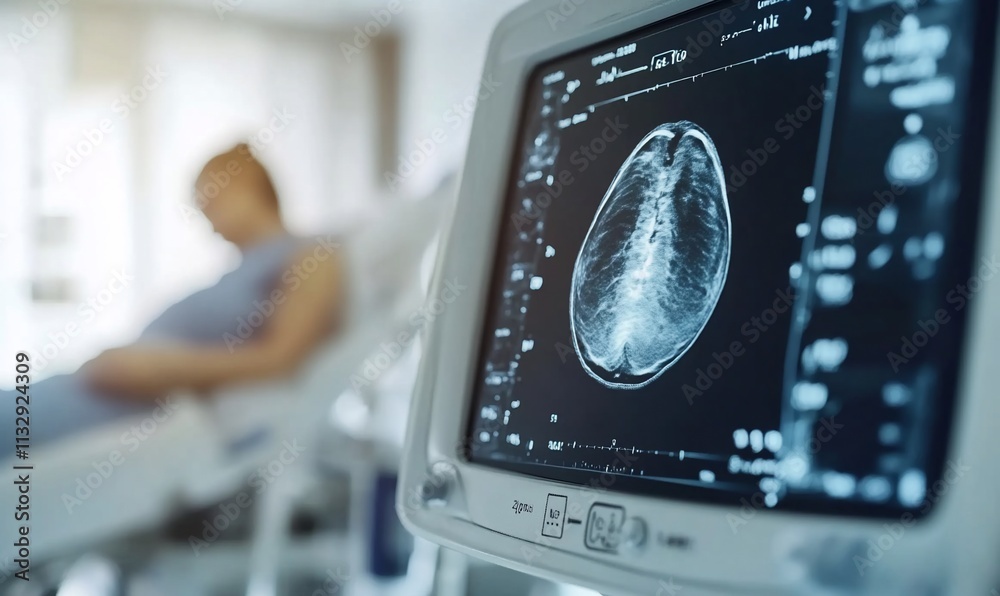 Poster Medical monitor displaying an MRI scan of a brain with a patient in the background.