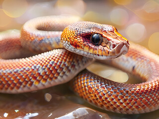 Fototapeta premium amazing orange snake posing against beautiful background with bokeh. close up. Ai generated