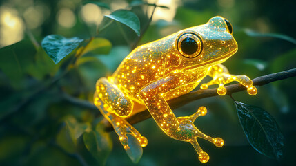 A cyber ecological restoration icon linked to a glowing tree frog, representing online platforms focused on habitat restoration and wildlife recovery.  