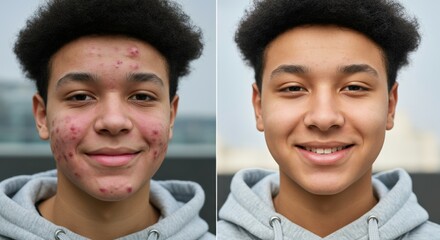 Obraz premium Young african male teen before and after skincare treatment transformation