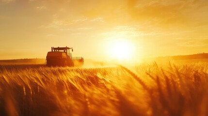 Fototapeta premium A tractor harvesting wheat at sunset, creating a serene agricultural scene.