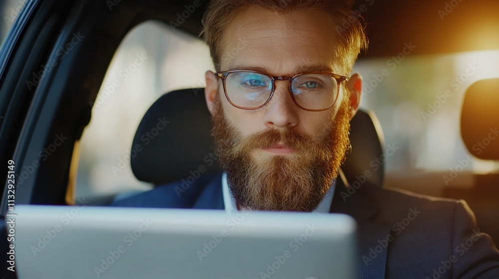 Poster a man with a beard is sitting in a car and looking at a laptop