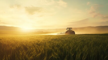 A tractor working in a golden field at sunset, symbolizing agricultural productivity.