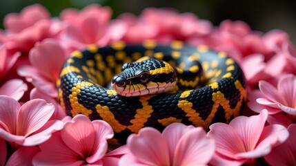 Obraz premium A Stunning Black and Gold Striped Snake Curled Among Beautiful Pink Flowers