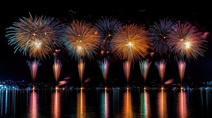 Fototapeta premium Fireworks Display Over Water at Night