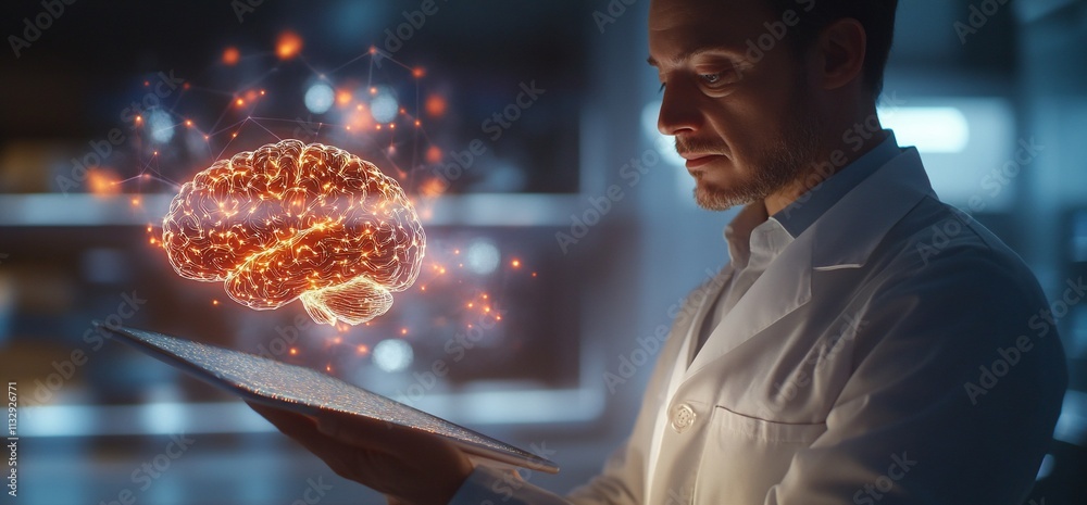 Poster scientist examining a holographic brain model in a lab setting.