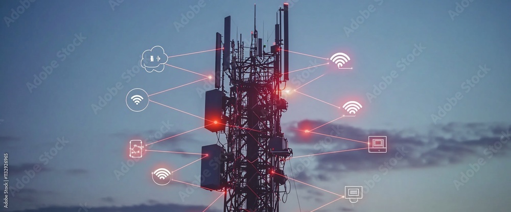 Poster telecommunications tower with digital icons representing connectivity.