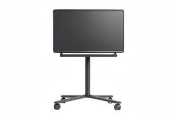 This transparent and isolated mobile display unit features a sleek and simple design, ideal for presentations or meetings. It is equipped with wheels for effortless mobility across different environme