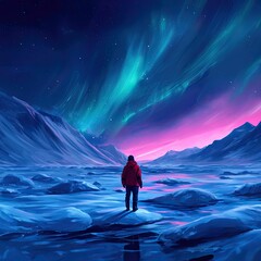 Fototapeta premium Person observing aurora borealis over icy mountains.