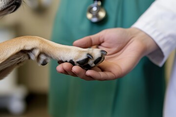 Human hand and dog paw in a touching gesture, care concept.