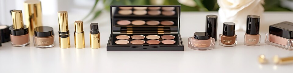 Fototapeta premium Elegant makeup set arranged on white surface, copy space