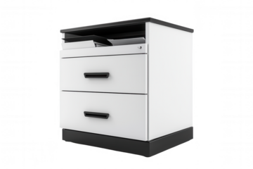This modern office cabinet features a crisp white finish with contrasting black accents. Designed for functionality, it includes two spacious drawers for organizing documents and office supplies effec