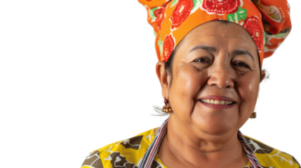 Positive professional happy mexican middle age female chef on white background
