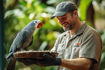 Man feeding colorful parrot, nature interaction