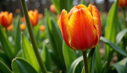 Fototapeta premium Orange tulip with bright petals shining in a colorful spring garden 