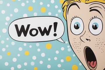 Surprised cartoon face with wide eyes and open mouth, a speech bubble saying "Wow!" in bold letters, on a playful polka dot background in blue, white, and yellow, inspired by comic style
