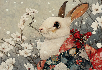 Graceful rabbit wearing an intricately patterned Japanese kimono sits among blooming white blossoms 