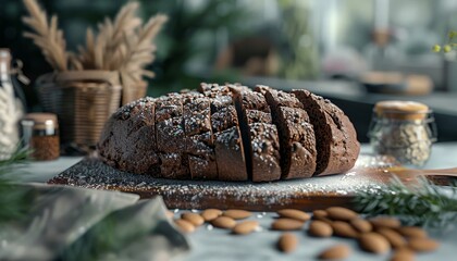 Freshly baked chocolate bread sliced on a wooden board, dusted with powdered sugar and surrounded by almonds and other ingredients.
