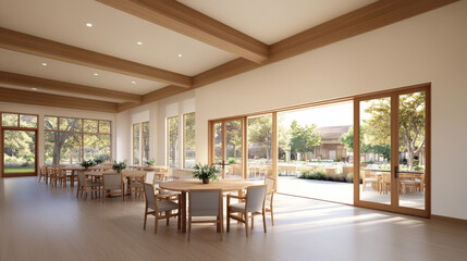 Fototapeta premium A spacious dining area featuring wooden tables and chairs, large windows allowing natural light, and view of an outdoor garden. serene atmosphere invites relaxation and social gatherings