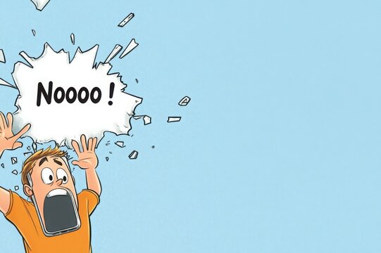 Shocked cartoon character in an orange shirt screaming "Noooo!" in a speech bubble surrounded by shattered fragments, with a blue empty background, styled in a dramatic comic design